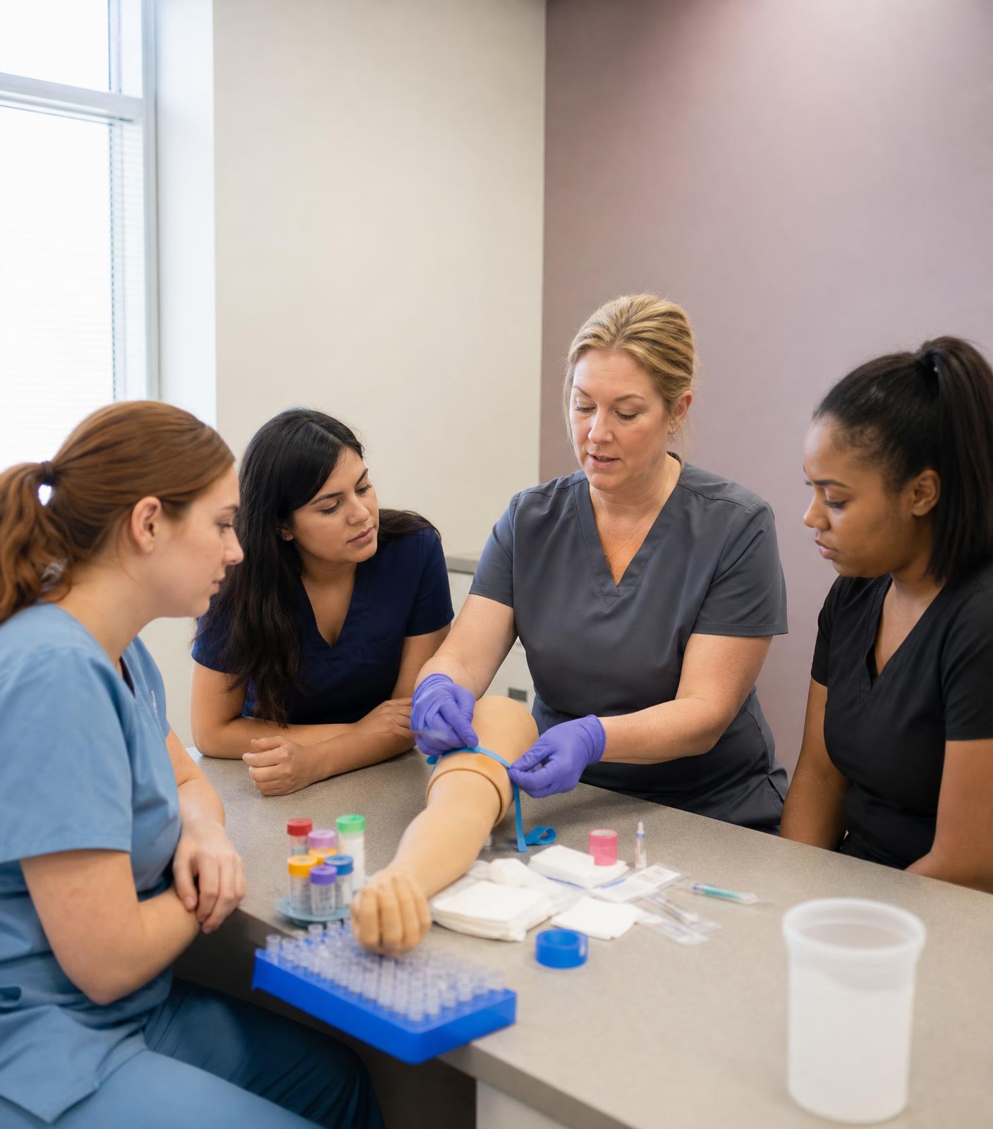 Drip Health Academy clinical instructor guiding students in phlebotomy training
